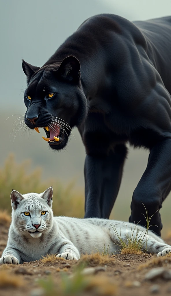 "A scene of two majestic big cats in the wild, featuring a black panther standing over a resting  snow lynx. The panther is standing triumphantly, mouth open as if growling or roaring, with its muscular body on full display. The snow lynx lies beneath, appearing relaxed with closed eyes. The setting is a natural landscape of dry grass and sparse greenery in the background."
