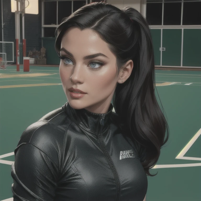 1 girl,beautiful detailed eyes,beautiful detailed lips,extremely detailed face,longeyelashes,long dark hair,twin ponytails,light gray sweatsuit,Nike sneakers,standing on university sports court,looking at viewer,sweet expression,athletics court,highly detailed,4k,8k,hyperrealistic,photorealistic,masterpiece,ultra-detailed,realistic,precise,intricate details,vivid colors,cinematic lighting,volumetric lighting,depth of field,photorealistic rendering