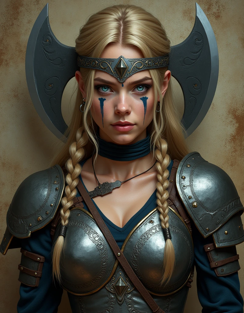 High-resolution, fantasy-themed portrait of a fierce female warrior. The layout is centered, focusing on the subject's upper body. She has long, wavy blonde hair, partially braided, and intense blue eyes. Her facial features are sharp, with a determined expression. She has a light skin tone with war paint streaks across her face. She is adorned in rugged, metallic armor with intricate designs, and a headband featuring a diamond-shaped emblem. She holds a large, double-headed axe with a wooden handle and metal accents. The background is a textured, earthy wall, enhancing the gritty atmosphere of the scene.Hyperrealism, Gothic art, 4K, anatomically correct, masterpiece, high details, award winning, high quality, super detail, best quality