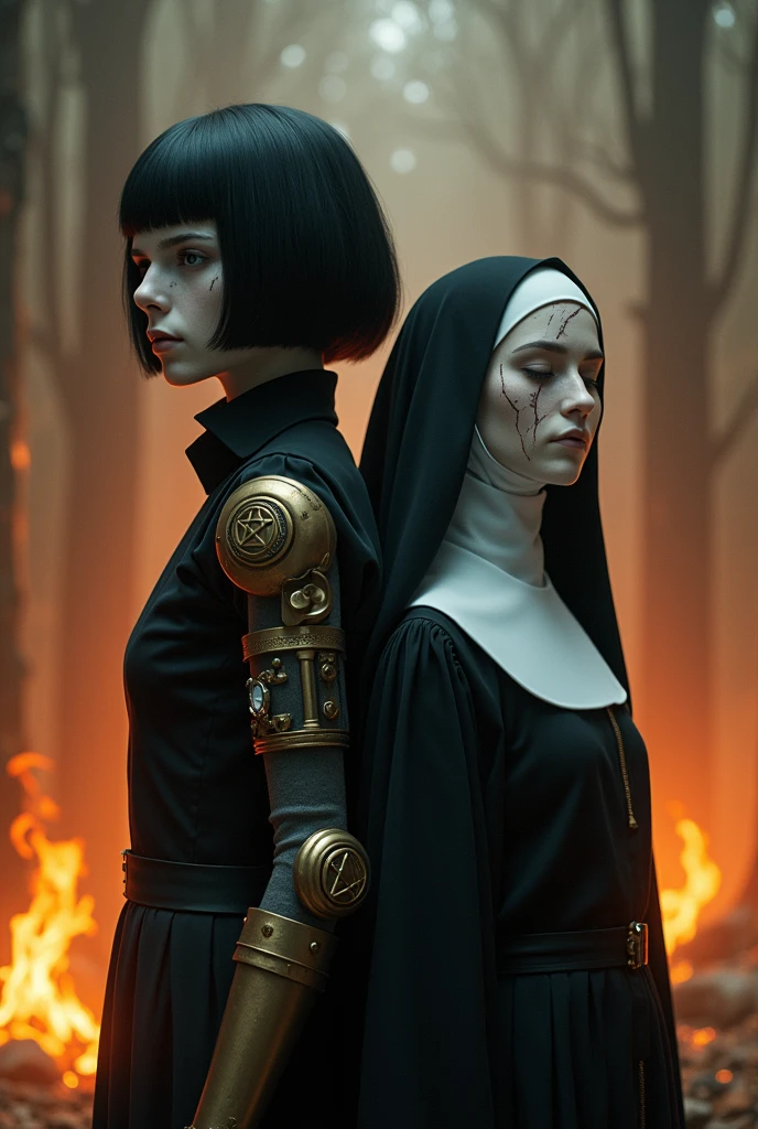 Two pale middle-aged girls chained together with violet eyes and white hair, with the one on the left with short hair in dark alchemist clothes and with a steampunk prosthesis holding a dagger with the baphomet symbol in her left hand, and a cut on the face, and the one on the right in white nun&#39;s clothes holding a rosary, with a burning church behind, the night.