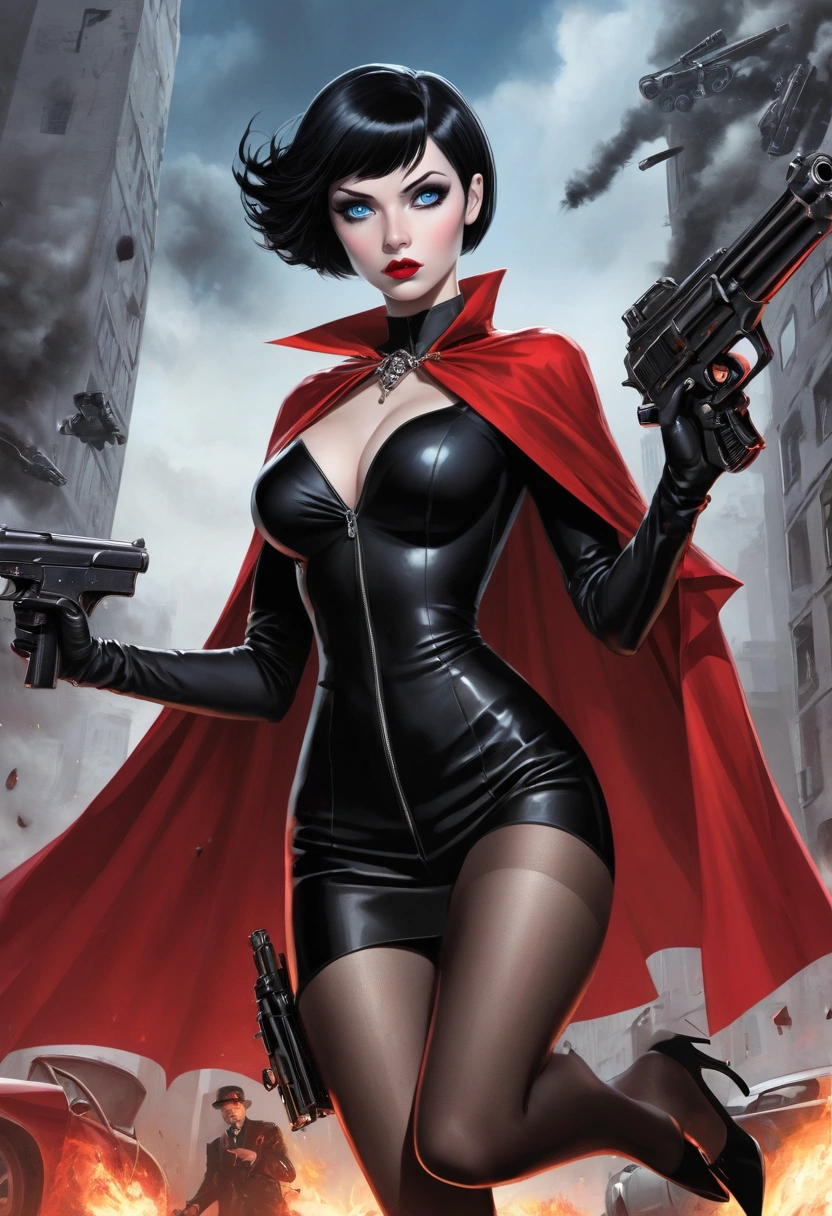 Black white comic Dark short haircut blue eyes sexy beautiful supervampire gothic girl stockings high heels black uniform very tall red cape lifts a car overhead  in the air with one hand . The gangsters are frightened and fire their machine guns at her, all the bullets bouncing off her, flattening and deforming, and falling to the ground.