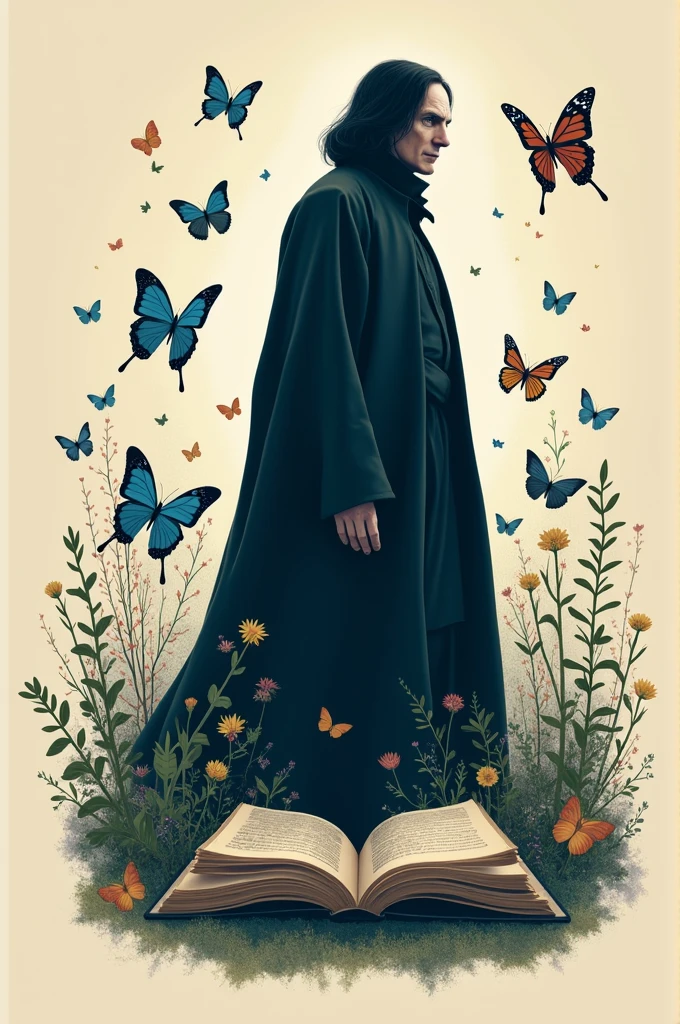 Give me a design for my wall where I have a book, butterflies and the silhouette of Severus Snape (by harry potter)