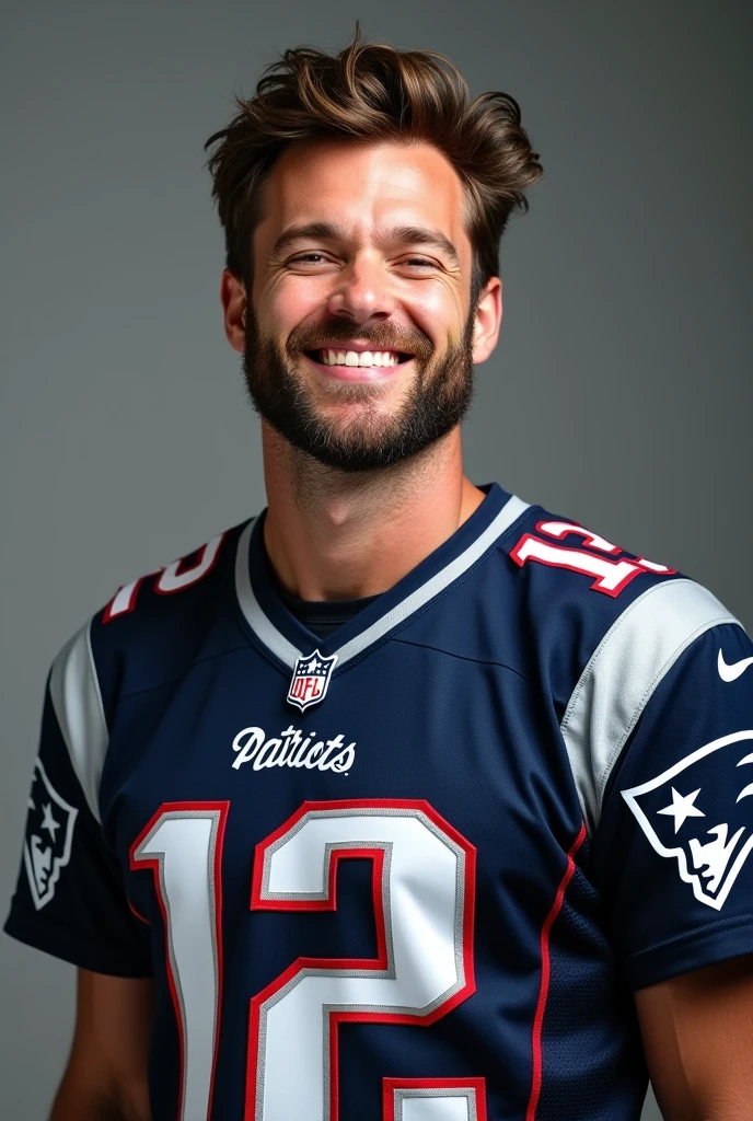 Profile picture of a young Logan Wolverine, happy, in a New England Patriots jersey suit #12