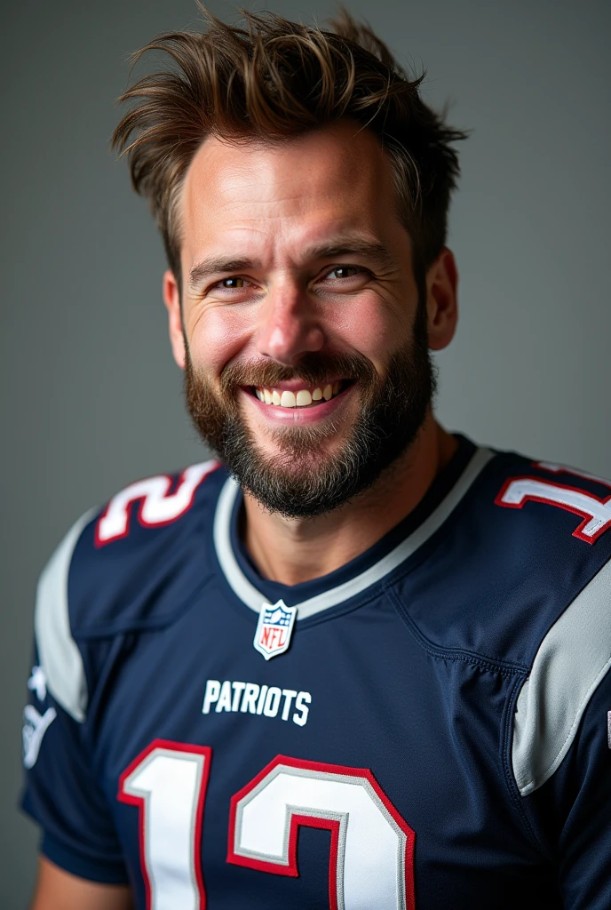 Profile picture of a young Logan Wolverine, happy, in a New England Patriots jersey suit #12