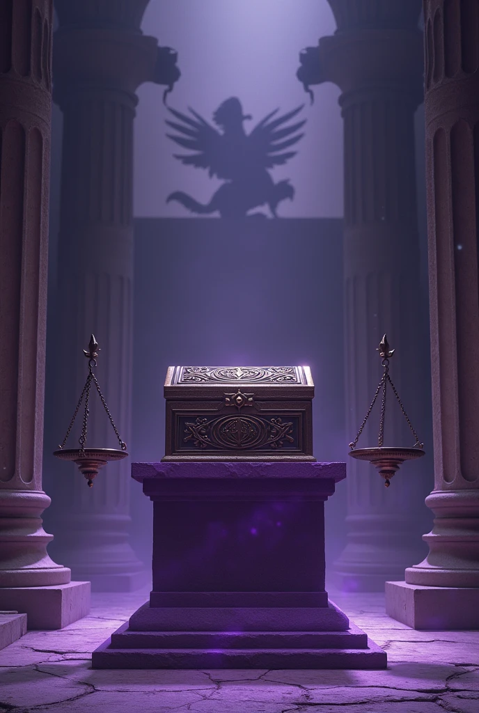Pandora's box prostrated on a violet pillar, On each side there is a scale, In the background you can see shadows of mythological beasts, The setting is an ancient Greek style temple.