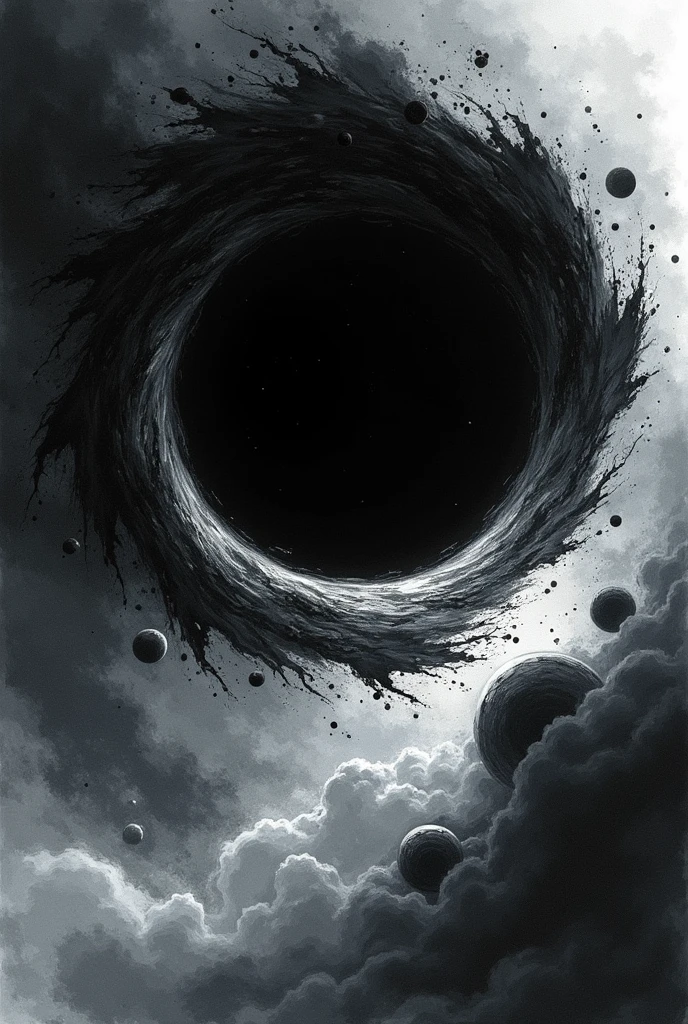 Make a wallpaper for phone of a black hole in ink style 