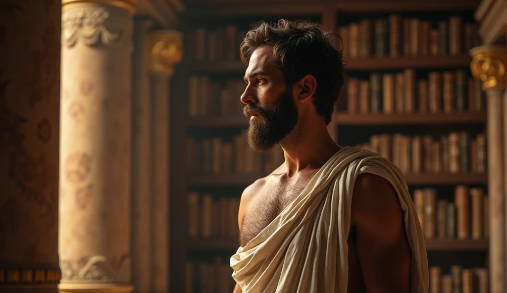 **Visual Prompt:**
**Action:** The stoic philosopher stands confidently in an ancient Roman library, surrounded by towering shelves filled with scrolls and books. His slightly transparent tunic gently drapes over his well-proportioned physique, subtly revealing part of his shoulder and chest. His very short, well-groomed beard and wavy, well-stylized hair are illuminated by the warm light from nearby oil lamps. He holds an open scroll in one hand, his gaze intense and focused as he addresses a small gathering of scholars. Their expressions are serious, reflecting a deep respect for his words. The philosopher's expression is firm, yet inviting, embodying the balance between strength and openness.
**Cinematic Details:** Shot with a Canon EOS R5, Sigma 50mm f/1.4 DG HSM Art Lens, with an 85mm lens, rendered in 8K resolution, Octane render. The warm, ambient lighting highlights the philosopher’s tanned skin and the fine textures of his tunic. The camera captures the depth of his contemplative stance and the subtle sensuality of his exposed skin, emphasizing the stoic ideal of truth over flattery. The setting underlines the importance of integrity in relationships, with the camera focusing on the intensity of the philosopher's gaze as he speaks, inspiring viewers to value honesty above comfort.