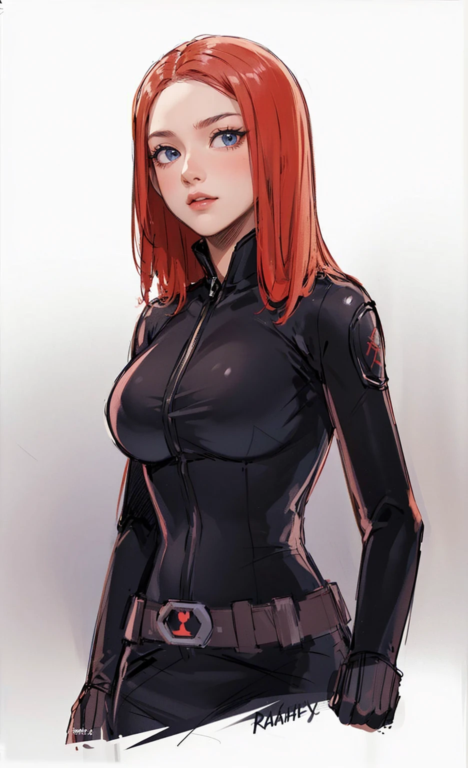 The image depicts Black Widow. She is illustrated with long, bright red hair and blue eyes, and is clad in a sleek skin-tight shiny black latex bodysuit with a deep-cut zipper neckline revealing a large chest, the silver zipper running down the front. The suit is complemented by her shiny iron wrist guard on both wrists and a metal belt with a buckle that features a red hourglass mark. Her gaze is intent and directed off-screen, implying alertness and focus on an unseen threat or target. She appears with a cute smile on her face. The atmosphere of the image conveys confidence and resilience, characteristics synonymous with the Black Widow persona. The background of the image is an off-white color, which creates a subdued and timeless ambiance.