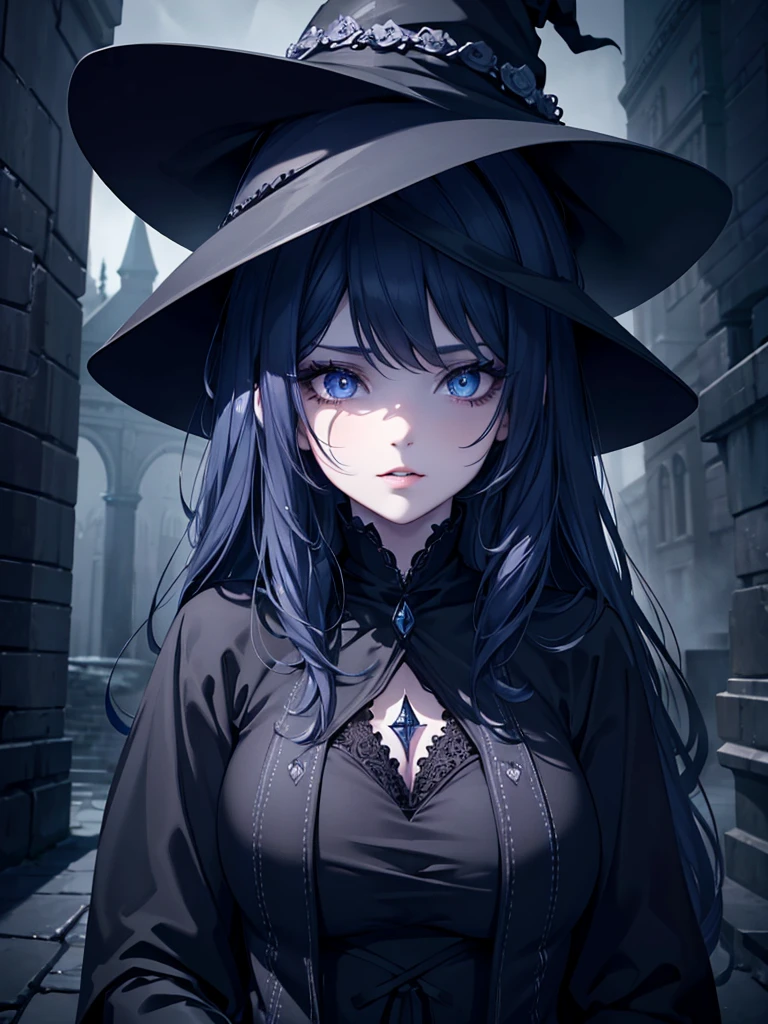 a shy, cute witch wearing a witch hat and dress, curvy, extremely detailed, photorealistic, 8k, high quality, beautiful detailed eyes, beautiful detailed lips, extremely detailed face, long eyelashes, mysterious, enchanting, dark fantasy, moody lighting, dramatic shadows, cinematic composition, vibrant colors, digital art