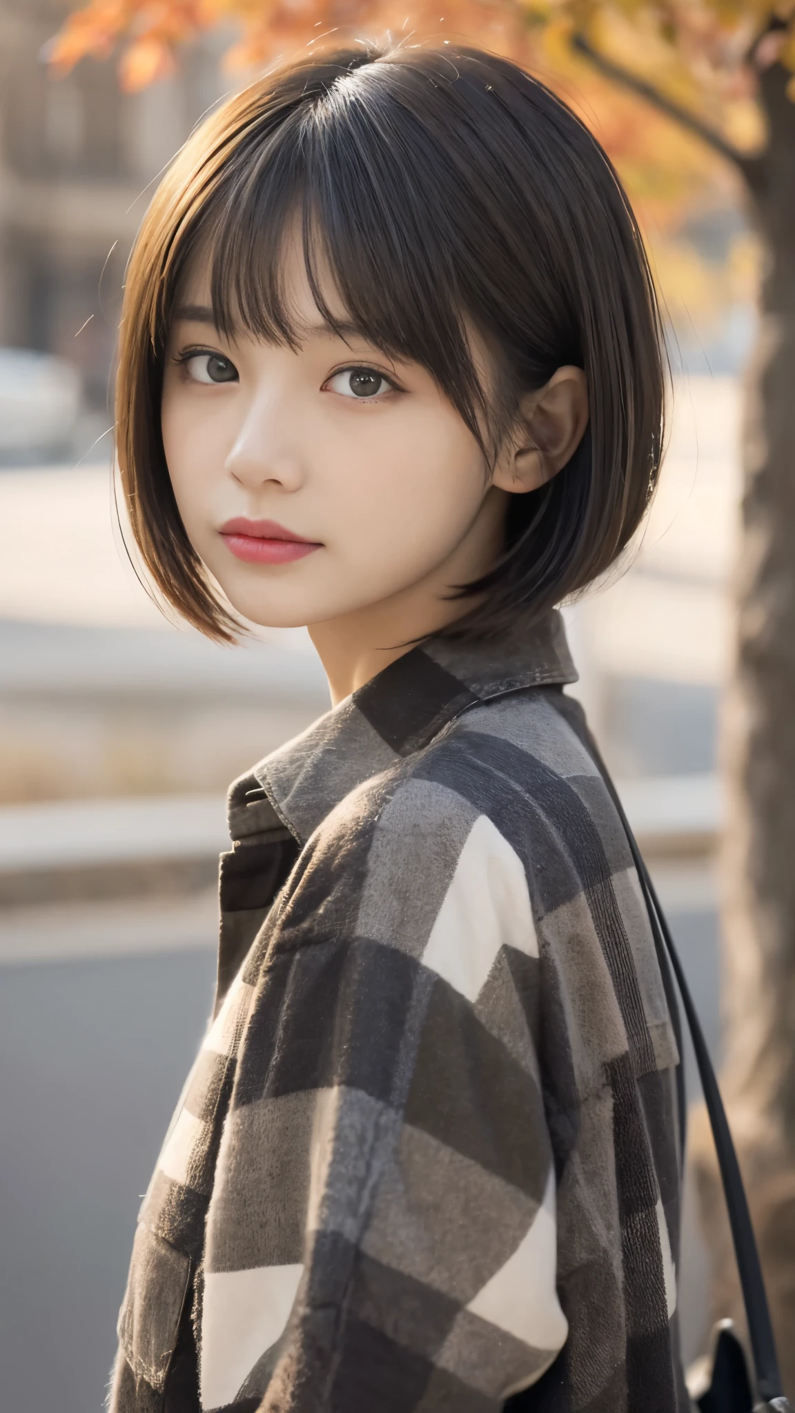The theme is "Darkness and Light". The main colors will be deep browns and olive greens with black accents. The top is a loose-fitting brown checked shirt, and the bottoms are wide black pants with zippers and patches designed on the sides,(Highest quality, Very detailed, masterpiece:1.2), 1 women, Very thin body, length, Thin legs, ((Black short hair:1.2)), ((Thick and fluffy bangs)), Very detailedな顔,A faint smile, small, Thin Nose, small thin mouth, Extremely sharply focused eyes, Japanese, Beautiful Face, Realistic eyes, Beautiful and beautiful eyes, Realistic Skin, Beautiful Skin, charm, (A vivid face), Beautiful Hairstyles,The theme is "Autumn Darkness and Light". ,Creepy and unique hairstyles, High resolution, Vibrant color palettel, Amazing place