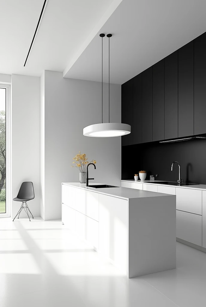 Create a 2m by 2m kitchen.5m in black and white tones with a window on the left of the image

