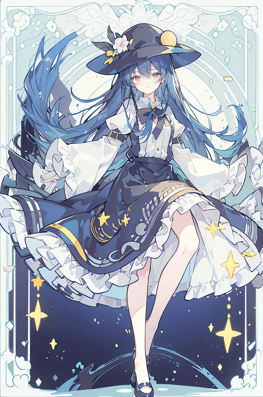 oung Girls,Humanity,A magician always smiles,big witch hat,cute,dark blue long hair,The eyes are dull,The bangs are heavy,Thin eyebrows,fantasy,intake,Double teeth,Star Theme,Constellation pattern,Solid color clothetal decoration,cloak,A bit of a dark atmosphere,A little crazy smile,When the big moon shines outside at night,blood,Hair black star embellishment,Short tie,No nails,High waist skirt,Bell sleeves,Long-sleeved shirt,Black tie,low risk,gentlemen。Mist、Yellow and white effect,Shocking pink as an accent color,Night, meniscus, two hands, two feet。