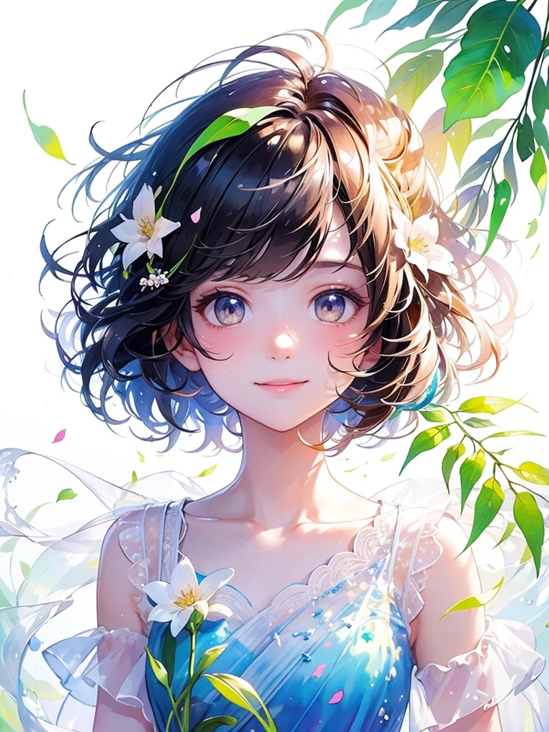 (masterpiece、Highest quality、Highest quality、Beautiful and beautiful:1.2)、Excellent anatomy、(Watercolor painting 1.5)、Long Shot、straight short hair images、Trendy Hair Color, Beautiful Face、Beautiful Smile, I stare at you shyly,A gentle gaze, Fairy, 蝶のFairyのコスチューム、Pure white、Pure、charm, Colorful flowers of different colors, Flower and leaf wind、Botanical Art,