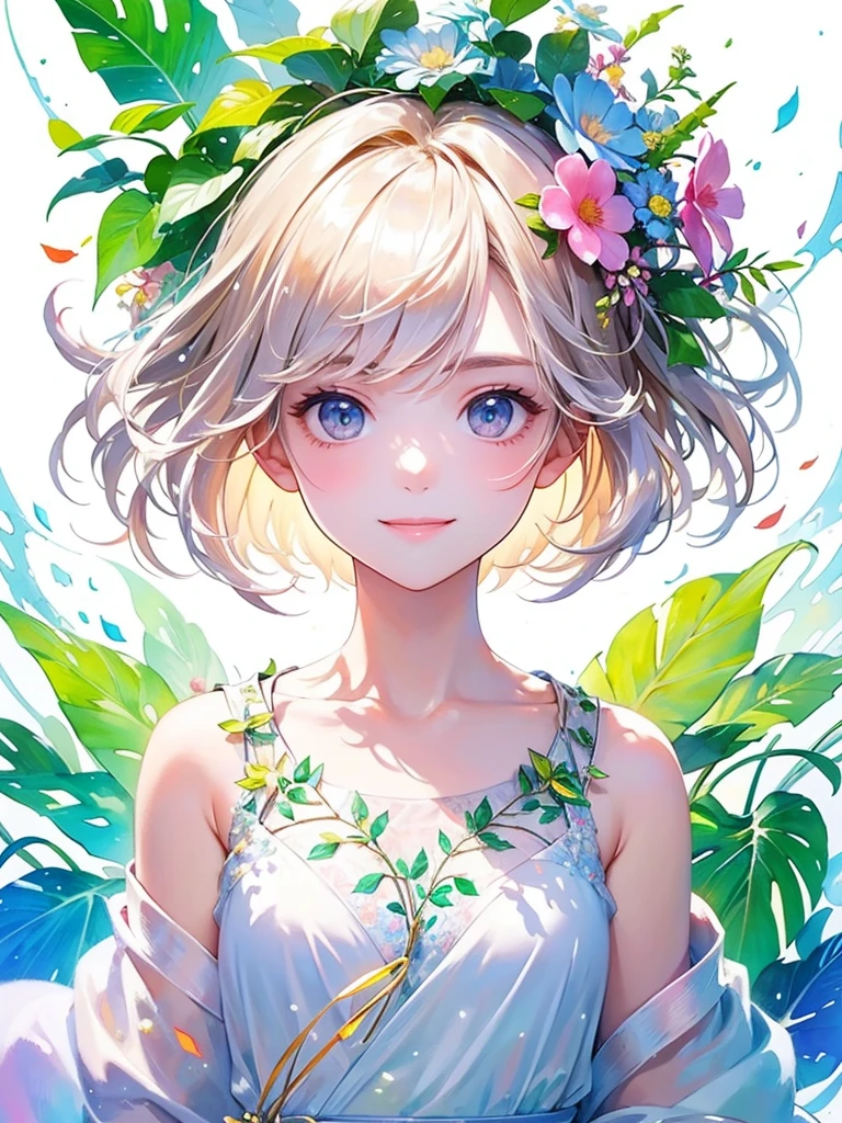 (masterpiece、Highest quality、Highest quality、Beautiful and beautiful:1.2)、Excellent anatomy、(Watercolor painting 1.5)、Long Shot、straight short hair images、Trendy Hair Color, Beautiful Face、Beautiful Smile, I stare at you shyly,A gentle gaze, Fairy, 蝶のFairyのコスチューム、Pure white、Pure、charm, Colorful flowers of different colors, Flower and leaf wind、Botanical Art,