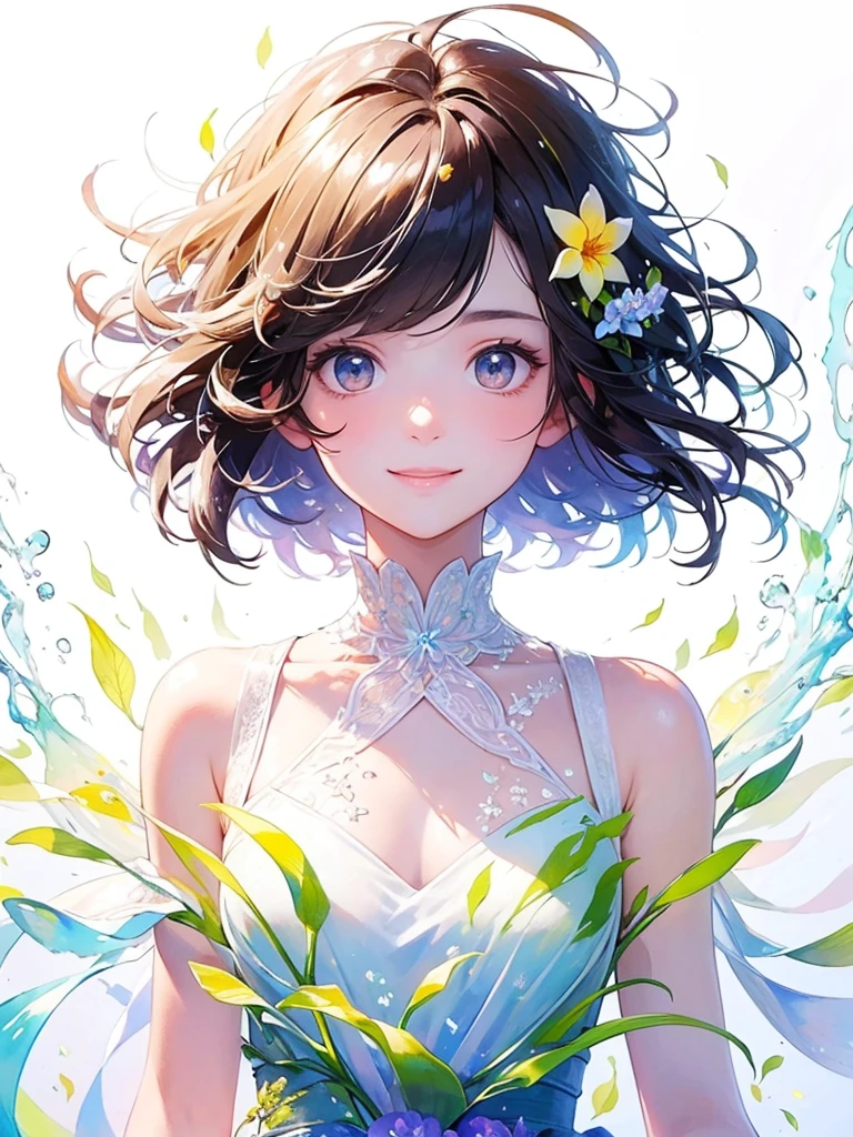(masterpiece、Highest quality、Highest quality、Beautiful and beautiful:1.2)、Excellent anatomy、(Watercolor painting 1.5)、Long Shot、straight short hair images、Trendy Hair Color, Beautiful Face、Beautiful Smile, I stare at you shyly,A gentle gaze, Fairy, 蝶のFairyのコスチューム、Pure white、Pure、charm, Colorful flowers of different colors, Flower and leaf wind、Botanical Art,