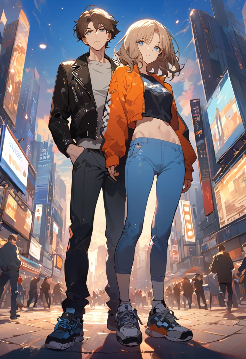 masterpiece, Best Quality, 8k ,4k, Size, wallpapers, anime style, perfect anatomy, only 2 characters, Young boy and girl, 18 years, (A girl, long light brown hair with light blue eyes., Clean and tidy clothes, He is wearing a black leather jacket, female top, blue jogger, well formed body, toned body), (A young man, White skin, black messy hair, dark hair bright grey eyes, SERIOUS LOOK, expressionless face,. Clean and tidy clothes, He is wearing an orange sweatshirt, blue jeans, y sneakers, athletic body) They pose side by side, separdos, in the middle of shibuya crossing, Inspired by artist Shunsaku Tomose: ask, Art Style : ask