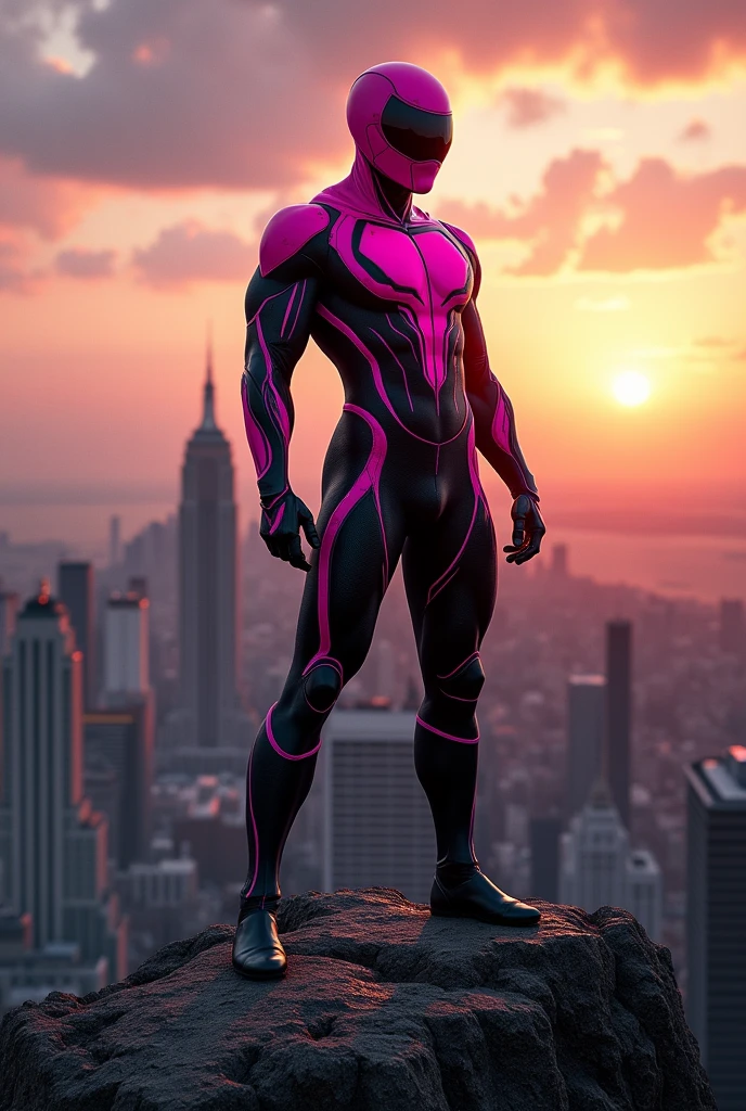a pink and black superhero man, similar to the blue beetle, staring at the sunset with a darker city in the background and on top of a rock