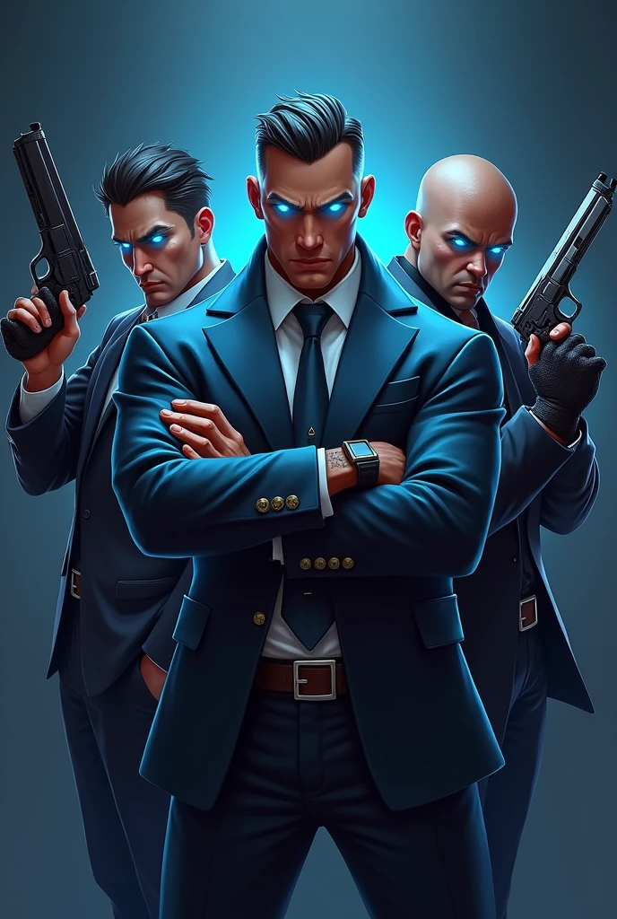 Logo the 3 gangsters (Online PVP Game theme) with blue eyes looking superpower holding guns