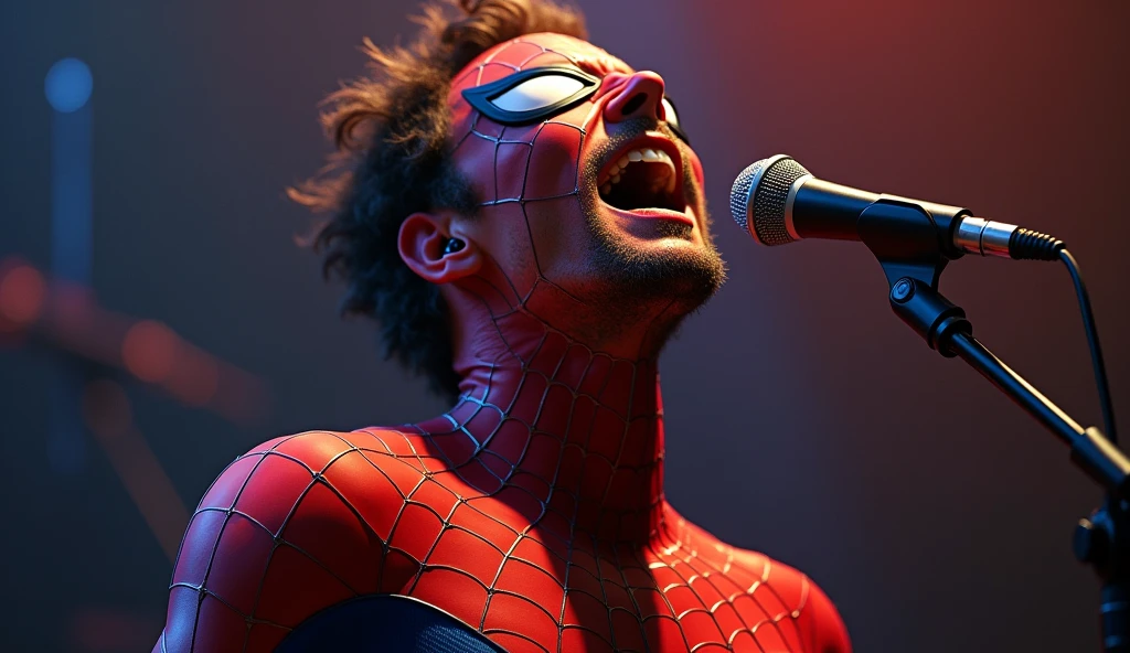 A spiderman sings passionately into a microphone, his eyes closed and his mouth open in a powerful expression. [Digital Painting, Realistic, Portrait], [Inspired by the work of Chuck Close], [Soft lighting, focus on the girl's face and microphone, detailed textures, smooth transitions, a sense of energy and passion]