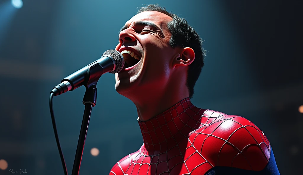 A spiderman sings passionately into a microphone, his eyes closed and his mouth open in a powerful expression. [Digital Painting, Realistic, Portrait], [Inspired by the work of Chuck Close], [Soft lighting, focus on the girl's face and microphone, detailed textures, smooth transitions, a sense of energy and passion]