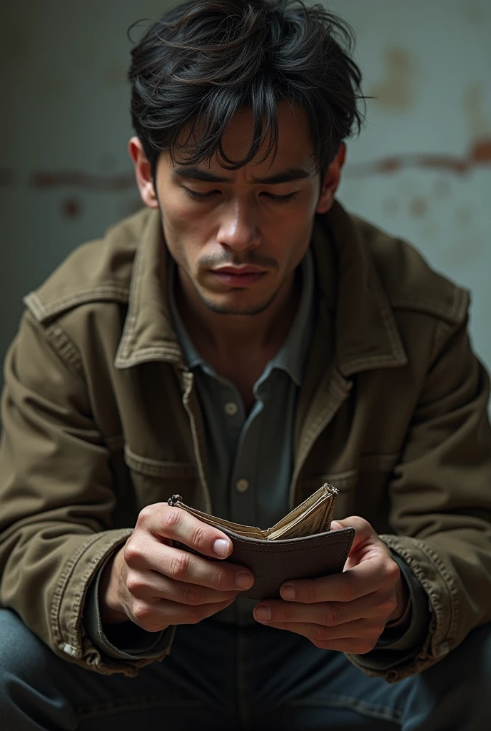 A character looks at a wallet, with a thoughtful expression. think: "Should I keep it or give it up??"