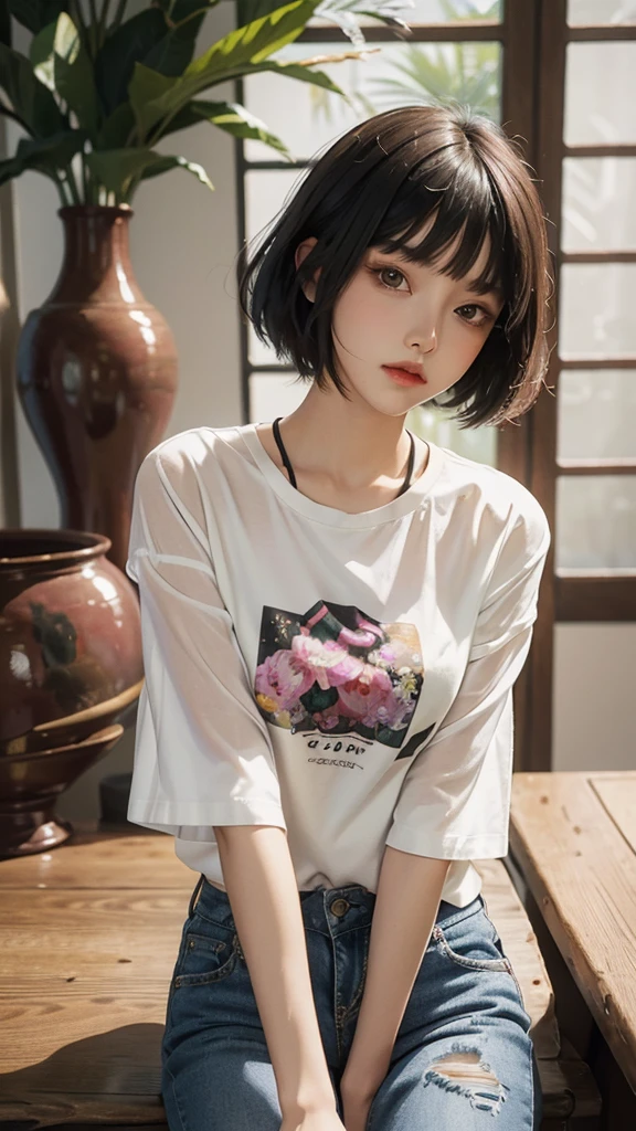 Beautiful Girl Fauvism Cubism Balthus Kieshering Marie Laurent Saint Beautiful Girl Straight Hair Sad Flowers Eyelashes 2023 Youth Fashion Fractal Plants Asian Short Hair Clothes Monochromatic Blouse Shirt T-Shirt Jeans color ??? round neck shirt japanese upper body