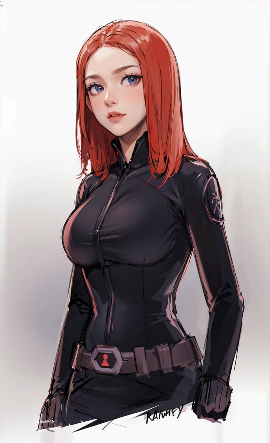 The image depicts Black Widow. She is illustrated with long, bright red hair and blue eyes, and is clad in a sleek skin-tight shiny black latex bodysuit with a deep-cut zipper neckline revealing a large chest, the silver zipper running down the front. The suit is complemented by her shiny iron wrist guard on both wrists and a metal belt with a buckle that features a red hourglass mark. Her gaze is intent and directed off-screen, implying alertness and focus on an unseen threat or target. She appears with a cute smile on her face. The atmosphere of the image conveys confidence and resilience, characteristics synonymous with the Black Widow persona. The background of the image is an off-white color, which creates a subdued and timeless ambiance.