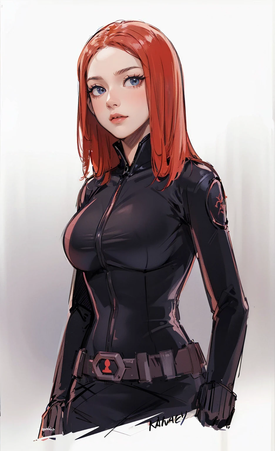 The image depicts Black Widow. She is illustrated with long, bright red hair and blue eyes, and is clad in a sleek skin-tight shiny black latex bodysuit with a deep-cut zipper neckline revealing a large chest, the silver zipper running down the front. The suit is complemented by her shiny iron wrist guard on both wrists and a metal belt with a buckle that features a red hourglass mark. Her gaze is intent and directed off-screen, implying alertness and focus on an unseen threat or target. She appears with a cute smile on her face. The atmosphere of the image conveys confidence and resilience, characteristics synonymous with the Black Widow persona. The background of the image is an off-white color, which creates a subdued and timeless ambiance.