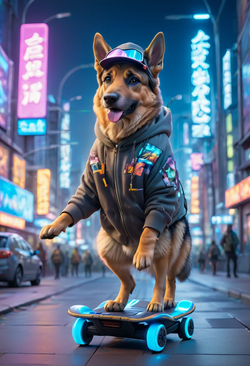 Wearing fluffy fur、Cute German Shepherd in urban clothing, 1 hoodie, Wearing a futuristic visor hat, Riding a futuristic hoverboard in a high-tech city with glowing neon signs and holographic billboards. The background is modern and cyberpunk, In a high-tech atmosphere. Adorable digital painting, 3D Rendering, Bright lighting, Vibrant colors, Outdoors at night.