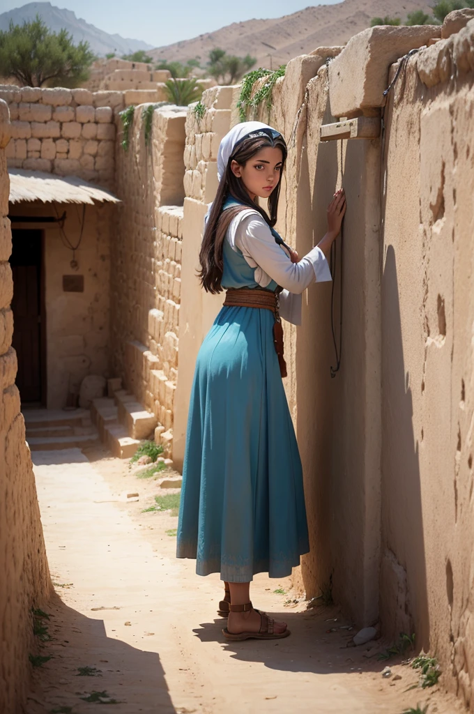 Creating a young woman dressed in biblical style from head to toe in an Israeli village , in biblical times, looking for water in a well