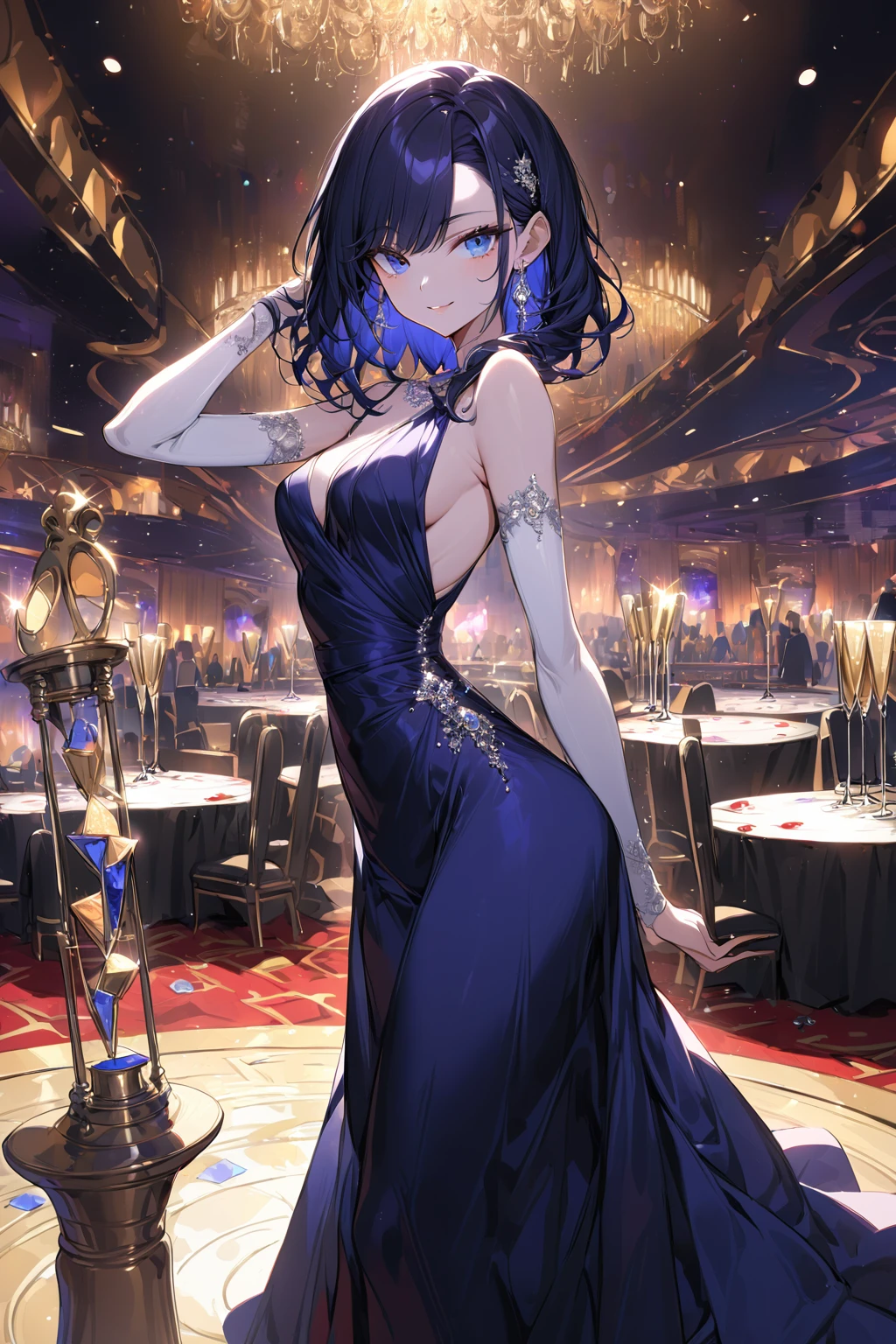 solo, female, sfw, pose, jewelry eyes, medium shot, extremely attractive, flawless porcelain skin, long lustrous dark blue hair, blue eyes, medium breasts, hourglass figure, bored, pose, luxurious, modest cocktail dress, ball room, mink wrap, smile, casino, champagne glass