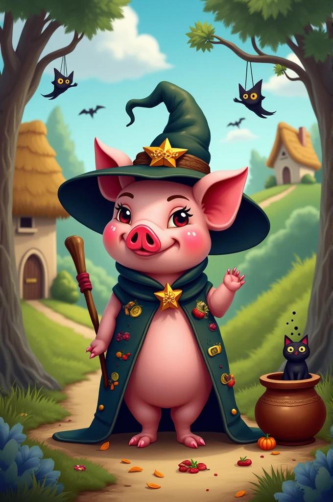Make me a piggy witch in the style of the 3 little pigs in cartoon