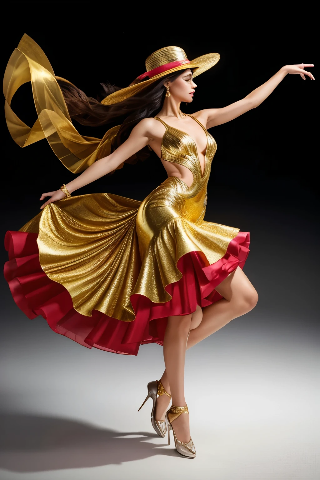 **Digital artwork featuring a stylized, elegant dancer in mid-motion against a black background. The dancer, with a fair complexion, is dressed in a flowing, multi-layered gown with vibrant colors of red, gold, and silver. The dress appears to be in motion, creating a dynamic and fluid effect. The dancer's face is partially obscured by a large, circular hat with a translucent brim. She wears golden high-heeled shoes, and her pose is graceful, with one arm extended and the other bent at the elbow. The overall composition is dramatic and visually striking, emphasizing movement and elegance**