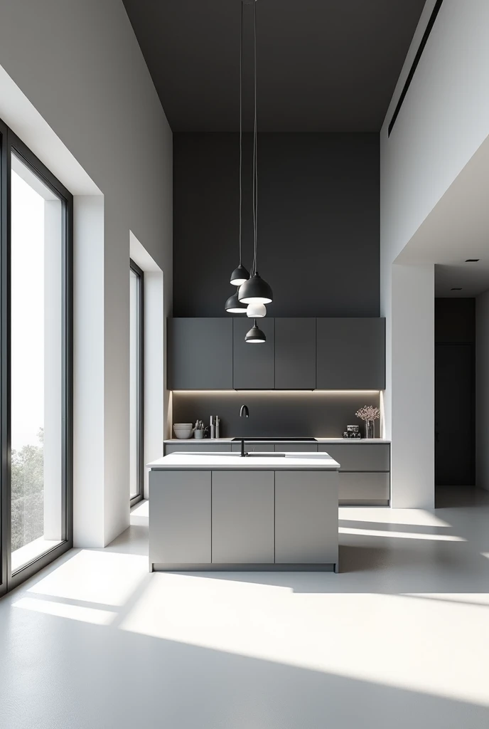 Create a 2m by 2m kitchen.5m in black and white tones with a window on the left of the image