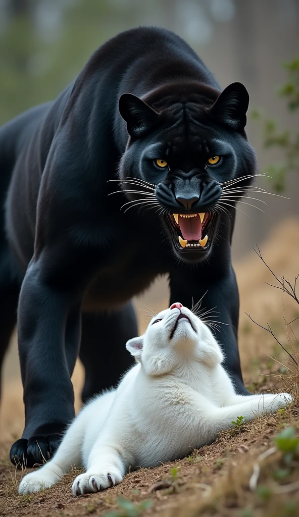 "A scene of two majestic big cats in the wild, featuring a black panther standing over a resting white snow lynx. The panther is standing triumphantly, mouth open as if growling or roaring, with its muscular body on full display. The snow lynx lies beneath, appearing relaxed with closed eyes. The setting is a natural landscape of dry grass and sparse greenery in the background."