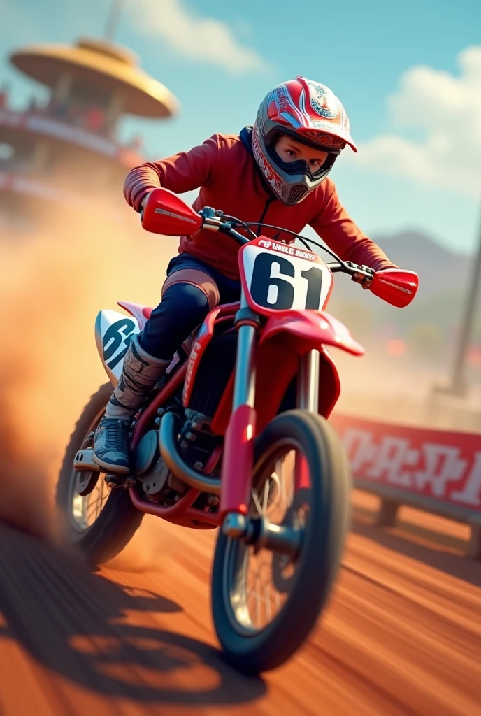An animated image of a red motocross bike with the number 61 and the rider standing on the footrests but with his head down cutting the wind from the bike
