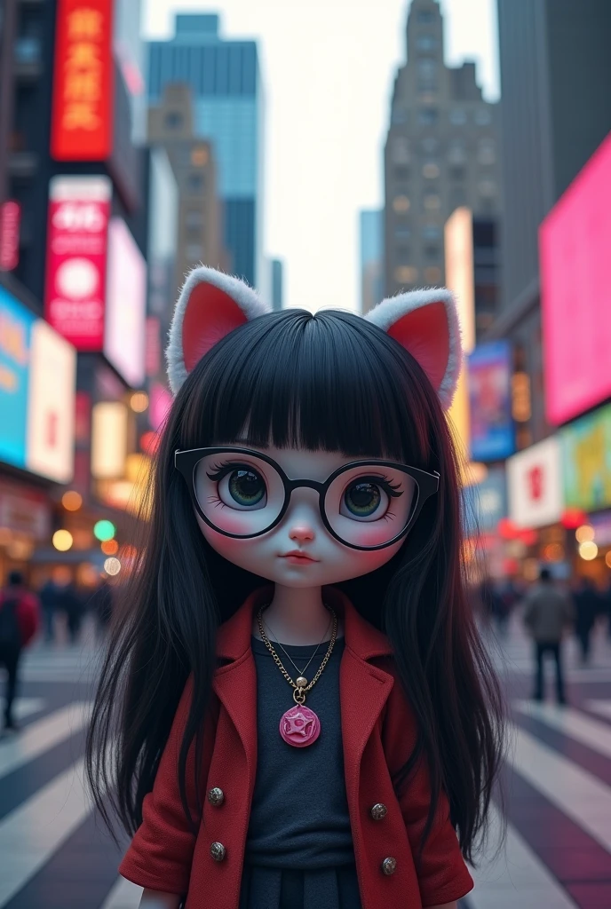 hello kitty 4k in ny city with long hair (dark) down to the shoulders and with black glasses

