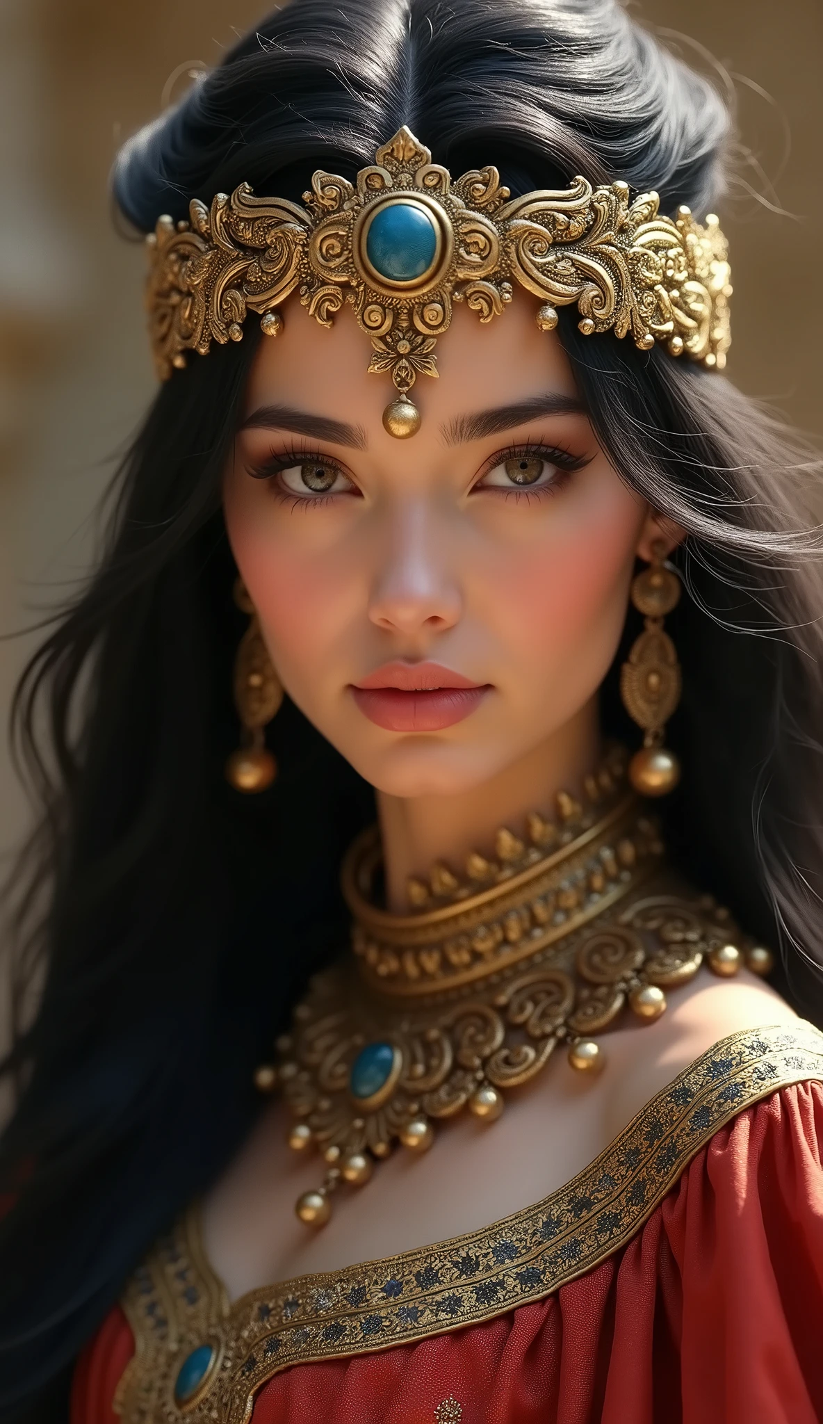 "A regal and stunning woman with long, flowing dark hair and piercing eyes, exuding an aura of ancient royalty. She wears an intricately detailed gold headpiece adorned with fine engravings and a luxurious collar decorated with blue gemstones. Her expression is confident and poised, capturing the essence of a powerful queen from ancient history. The background is softly blurred, focusing attention on her dignified presence and the rich, opulent textures of her attire."