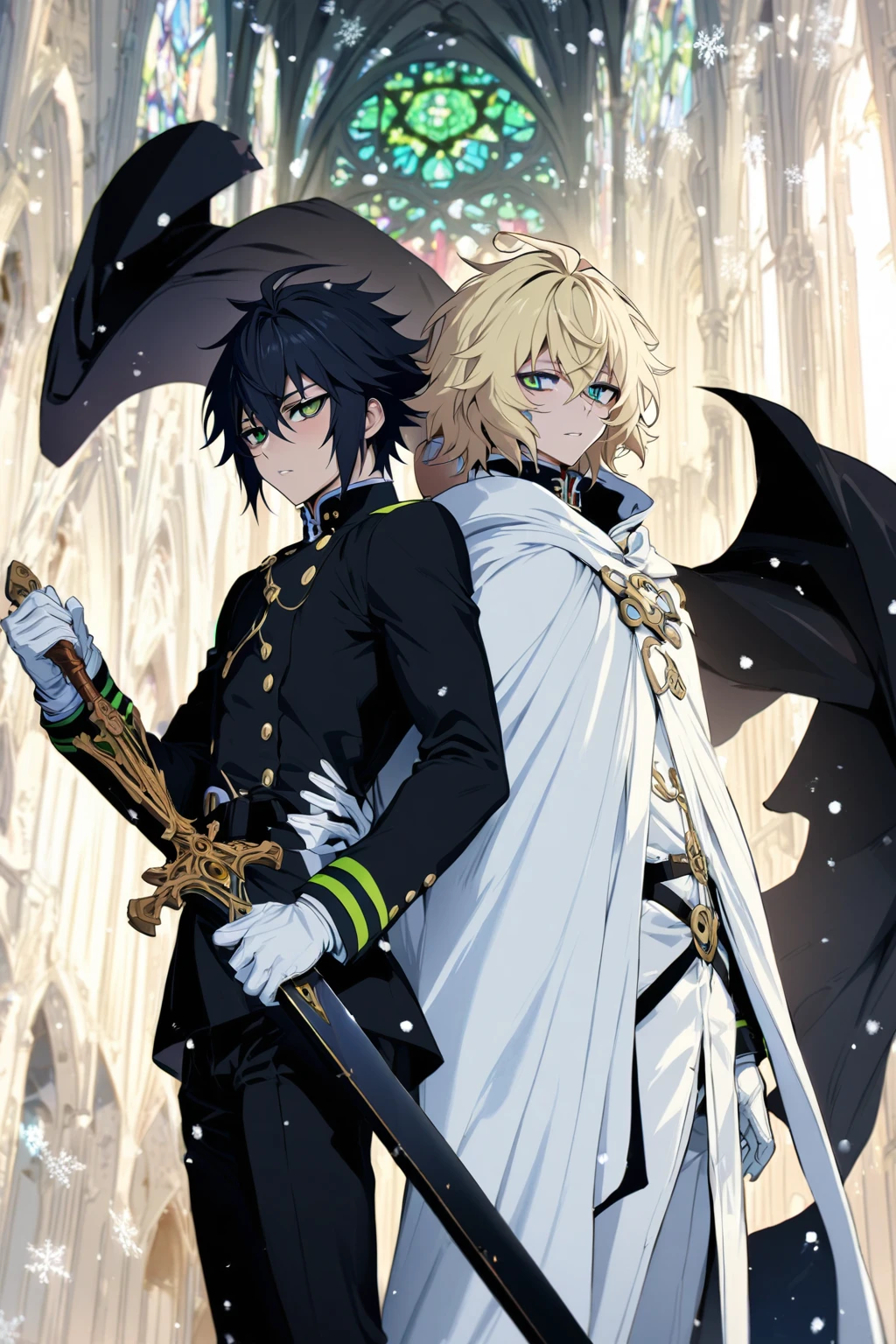 absurdres, highres, ultra detailed, HDR, master piece, best quality, extremely detailed, detailed face, detailed eyes, Hyakuya Mikaela, blonde hair, expressive blue eyes, Owari No Seraph, Hyakuya Yuuichirou, black hair, expressive green eyes, two sexy men together, gay couple, yaoi, handsome, manly man, white clothes, black clothes, black cape, white cape, fantasy, magical, church, stained glass window, snow, snowflakes, snowing, white gloves, holding a sword