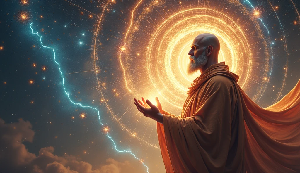 Generate an ultra-realistic image of a bald wise man with a beard controlling his inner energy. The man is positioned on the right side of the image, surrounded by brilliant mystical light and cosmic patterns, similar to a powerful aura. Energy radiates from your hands and mind, connecting to the universe with vibrant bands of light, stele, and galaxies. The scene mixes spirituality with modernity, creating a harmonious visualization of deep meditation and cosmic connection.