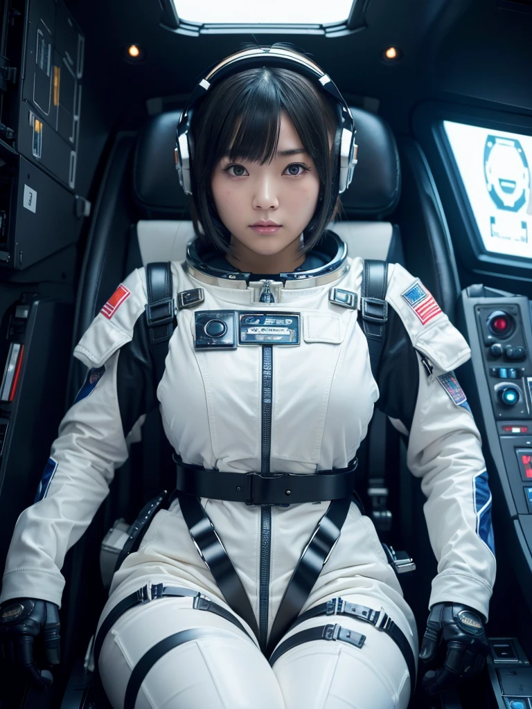 masterpiece, Highest quality, Very detailed, Japanese Android girl, Beautiful 2 Japanese woman, Plump,Control panel,Android,cyborg,Blunt bangs,Sitting in the cockpit of a spaceship and piloting it,There is a joystick in front of the crotch,astronaut,Thick harness belt,Full-face helmet,