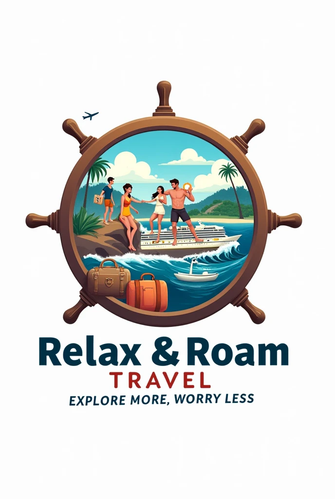 make me a witty, clean, elegant logo of RELAX & ROAM TRAVEL with a vibe of relaxing vacations, anchor, steering wheel, cruise ship, travelers, guests, tour guides, island, travel bags, airplane, bus, sea water and the name of the company which is RELAX & ROAM TRAVEL and it's SLOGAN "explore more, worry less" like LOGO, should be detailed and understandable, this all should be inside of steering wheel and there's a design outside of steering wheel the elements should be big and detailed
