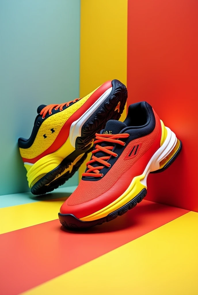 Tennis shoes in red, yellow and black