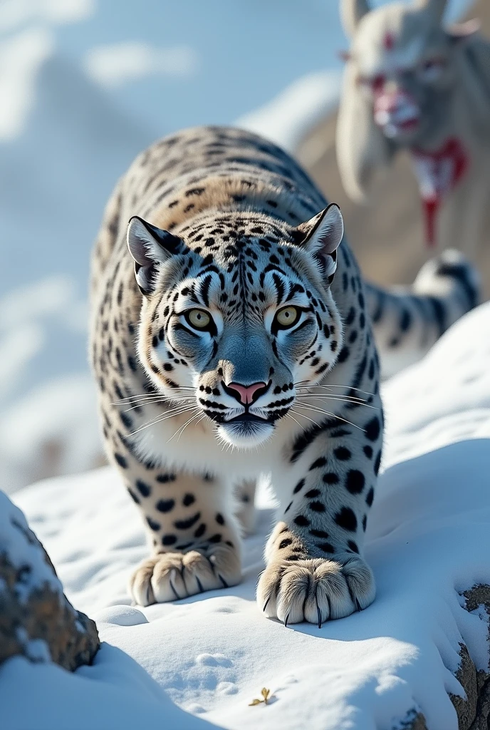 A snow leopard was spotted hunting on a hill in the morning a goat with blood on its face and snow all over it looking at us a realistic wildlife image landscape light on leopards face