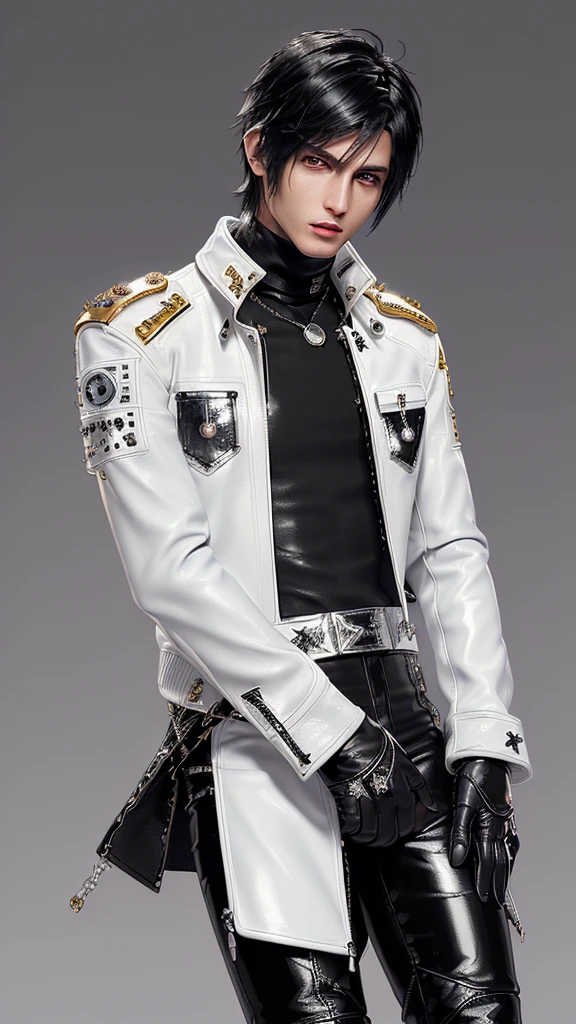 ((Final fantasy taste and reality graphics)), ((Japanese young cute and cool ikemen boy)), his age is early 20s, thin eyebrows and beady eyes, ((((he wearing white color and shining brightly enamel leather thick single-brest jacket)))), ((with epaulet)), ((enamel leather jacket close all zippers)),, ,(( jacket collar is high length stand-up collar with belts)), jacket is a little black line pattern,close the front of the jacket, (((also wearing black color turtleneck shining brightly enamel leather shirts))), (((tight black and shining brightly enamel leather pants))), ((((shining brightly black enamel leather tight and thin glove)))), ((black color and shining brightly leather knee-high raceup boots)),head-to-toe, whole body, boy looks like fashion model,Do not show skin from the neck down,(((all his clothes are smooth design and very shining)))
