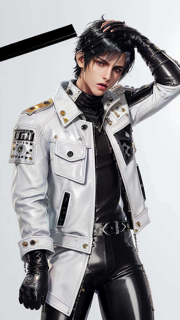 ((Final fantasy taste and reality graphics)), ((Japanese young cute and cool ikemen boy)), his age is early 20s, thin eyebrows and beady eyes, ((((he wearing white color and shining brightly enamel leather thick single-brest jacket)))), ((with epaulet)), ((enamel leather jacket close all zippers)),, ,(( jacket collar is high length stand-up collar with belts)), jacket is a little black line pattern,close the front of the jacket, (((also wearing black color turtleneck shining brightly enamel leather shirts))), (((tight black and shining brightly enamel leather pants))), ((((shining brightly black enamel leather tight and thin glove)))), ((black color and shining brightly leather knee-high raceup boots)),head-to-toe, whole body, boy looks like fashion model,Do not show skin from the neck down,(((all his clothes are smooth design and very shining)))