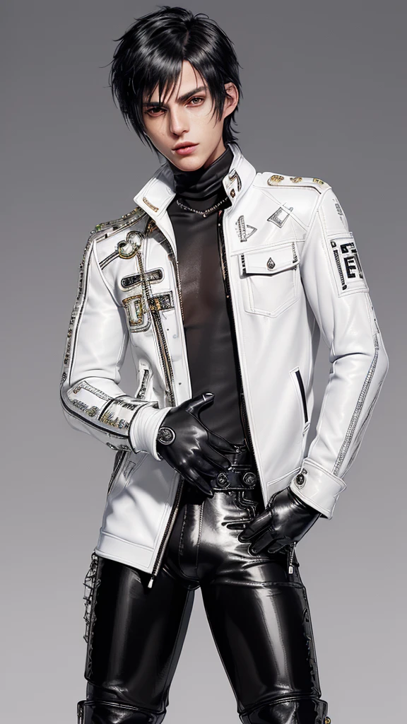 ((Final fantasy taste and reality graphics)), ((Japanese young cute and cool ikemen boy)), his age is early 20s, thin eyebrows and beady eyes, ((((he wearing white color and shining brightly enamel leather thick single-brest jacket)))), ((with epaulet)), ((enamel leather jacket close all zippers)),, ,(( jacket collar is high length stand-up collar with belts)), jacket is a little black line pattern,close the front of the jacket, (((also wearing black color turtleneck shining brightly enamel leather shirts))), (((tight black and shining brightly enamel leather pants))), ((((shining brightly black enamel leather tight and thin glove)))), ((black color and shining brightly leather knee-high raceup boots)),head-to-toe, whole body, boy looks like fashion model,Do not show skin from the neck down,(((all his clothes are smooth design and very shining)))