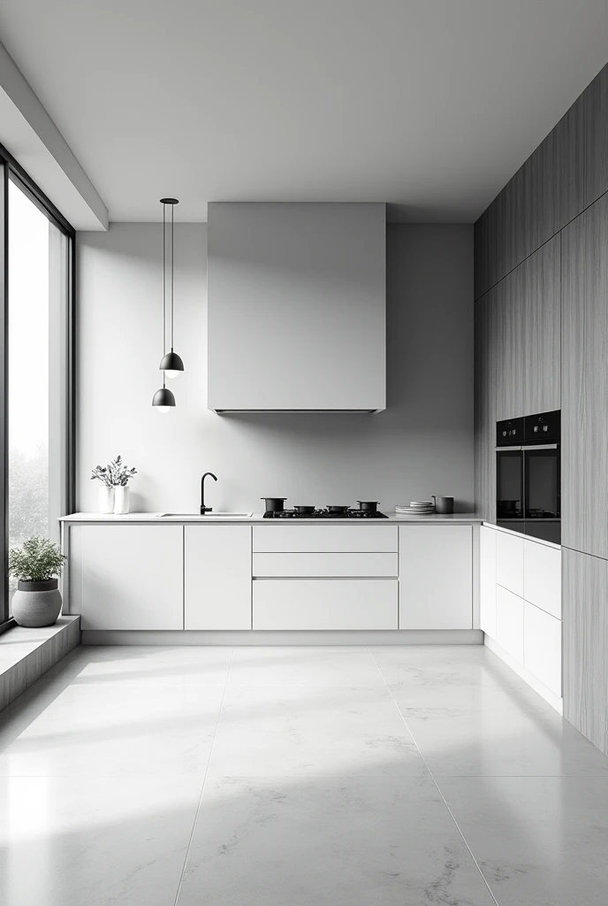 Create a 2m by 2m kitchen.5m in black and white tones with a window on the left of the image