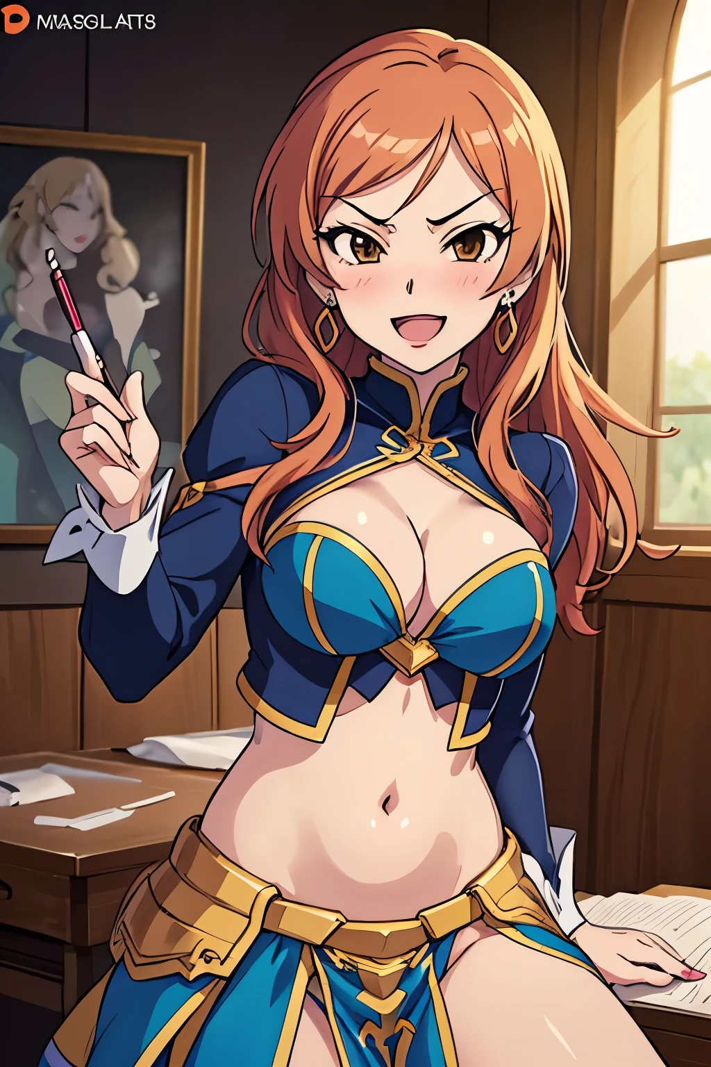 1girl, komatsu ibuki, :d, blush, lipstick, long hair, Hot girl, baddie, staring, glaring, bad attitude, mean girl, crazy, smoking, jewelry, earrings, masterpiece, best quality, highly detailed, fantasy , a anime girls in armored dress holding a sword
posing for a picture, evil smile, smile, open mouth, breastplate with open cleavage, cleavage, warrior
outfit, ecchi anime style, anime girls, ecchi style, (nsfw) not safe for work, ecchi, digital anime art!!, in
anime style, official artwork, visual novel cg, beautiful anime girl, anime style 4 k , loincloth, exposed
belly, exposed navel, exposed midriff, exposed lower belly, pencil skirt armored, castle,inside castle