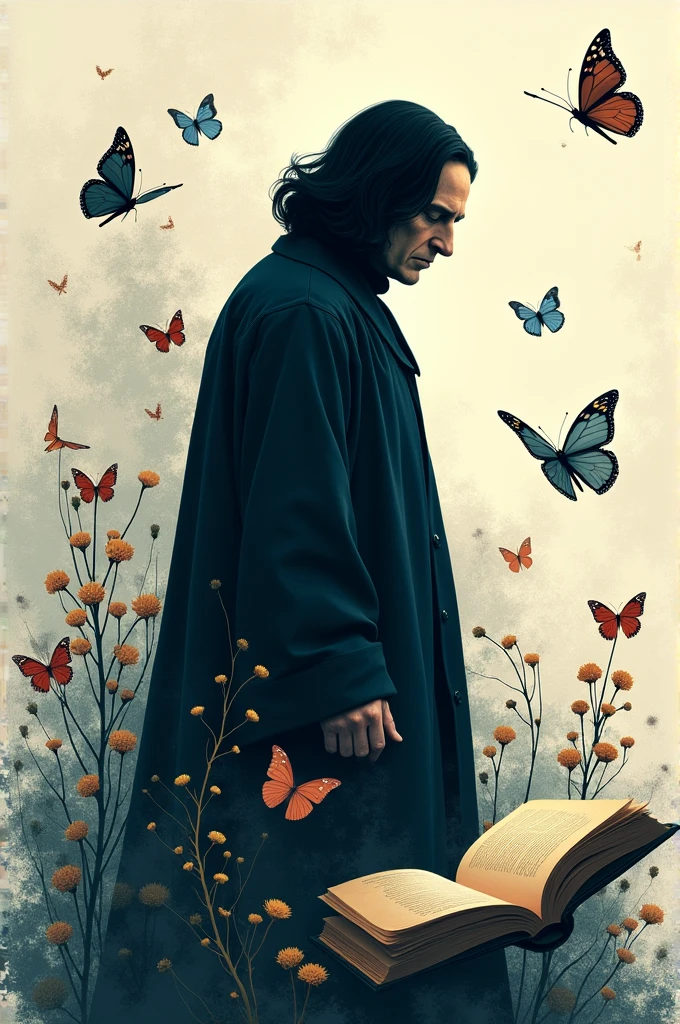 Give me a design for my wall where I have a book, butterflies and the silhouette of Severus Snape (by harry potter)